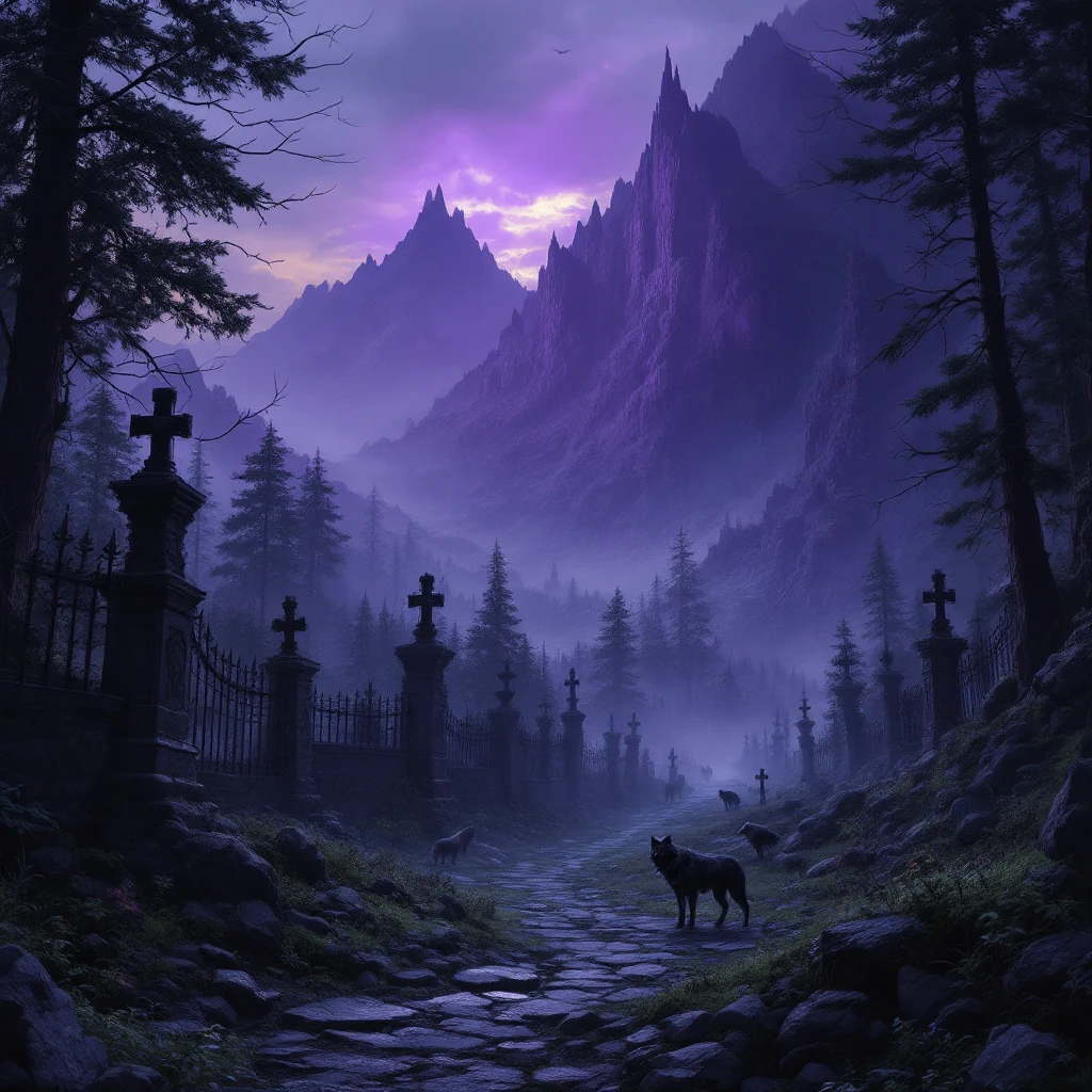 a fantasy dark forest, mountainous jagged terrain, haunted, graveyard, iron fences and stonework, trees, wolves in the distance, thick woods, deep dark purple myst emoji