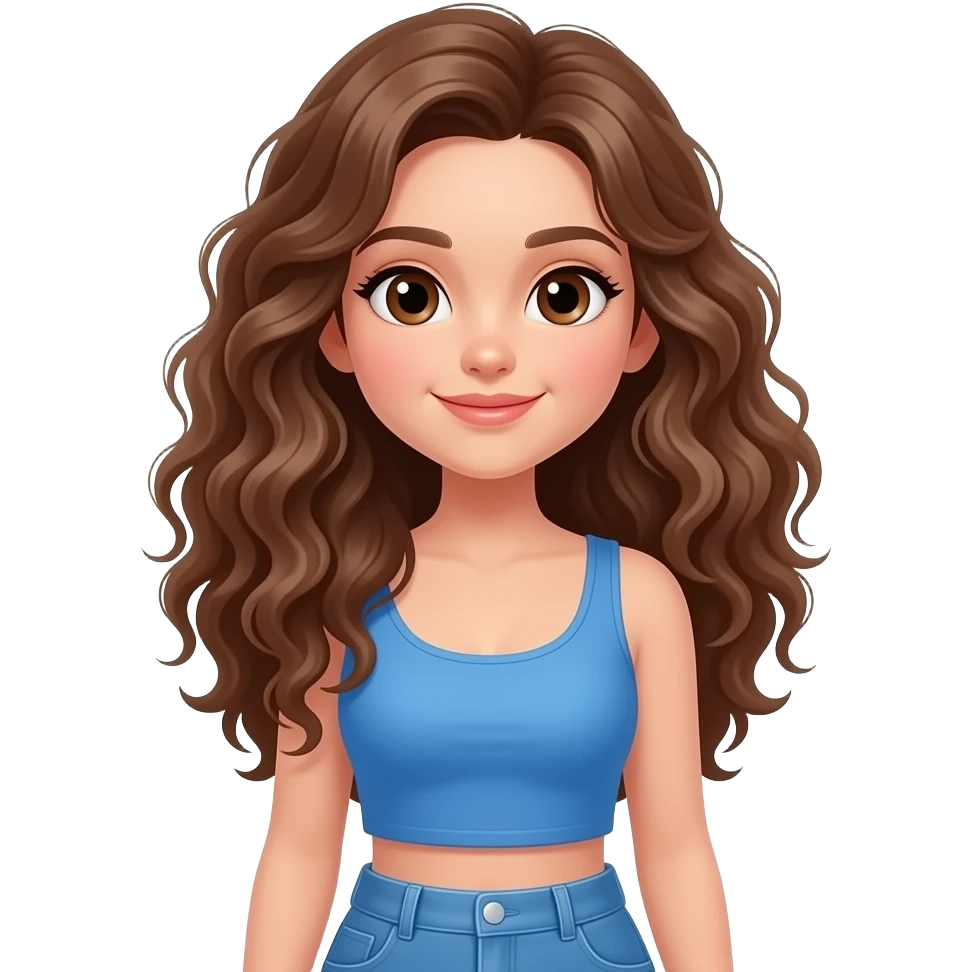 Make a girl with Anna in a crop top that is blue in a blue outfit with real long curly brown hair with brown eyes emoji