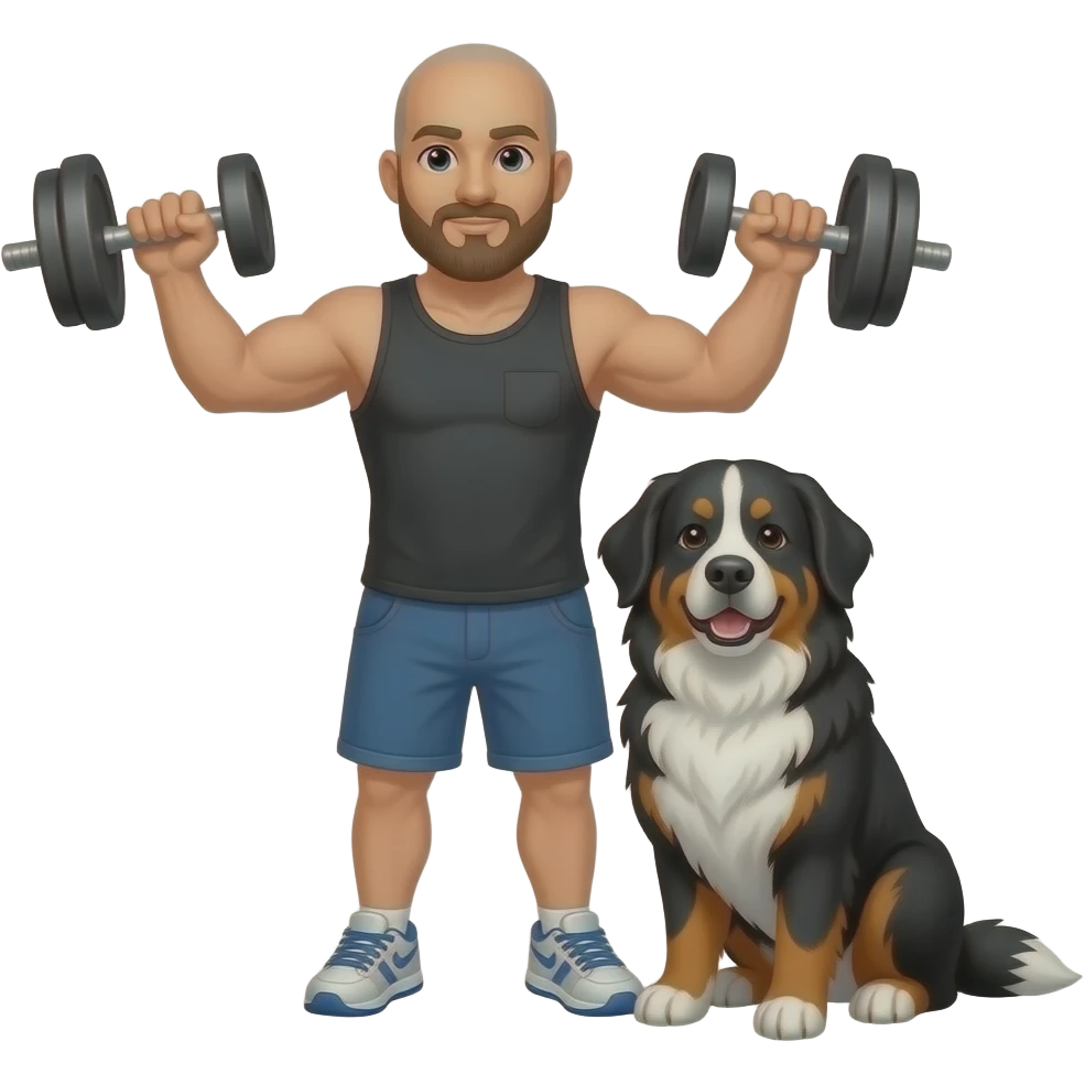Bald guy with beard workout with Bernese mountain dog emoji