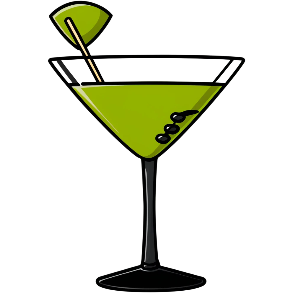 martini glass with completely colorless transparent liquid like pure water, with a green olive at the bottom skewered by a toothpick emoji