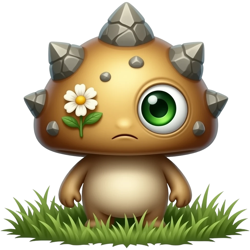 Weird mushroom creature small with rocks growing on its back with one shingle green eye with a flower growing on it with grass on its whole body emoji