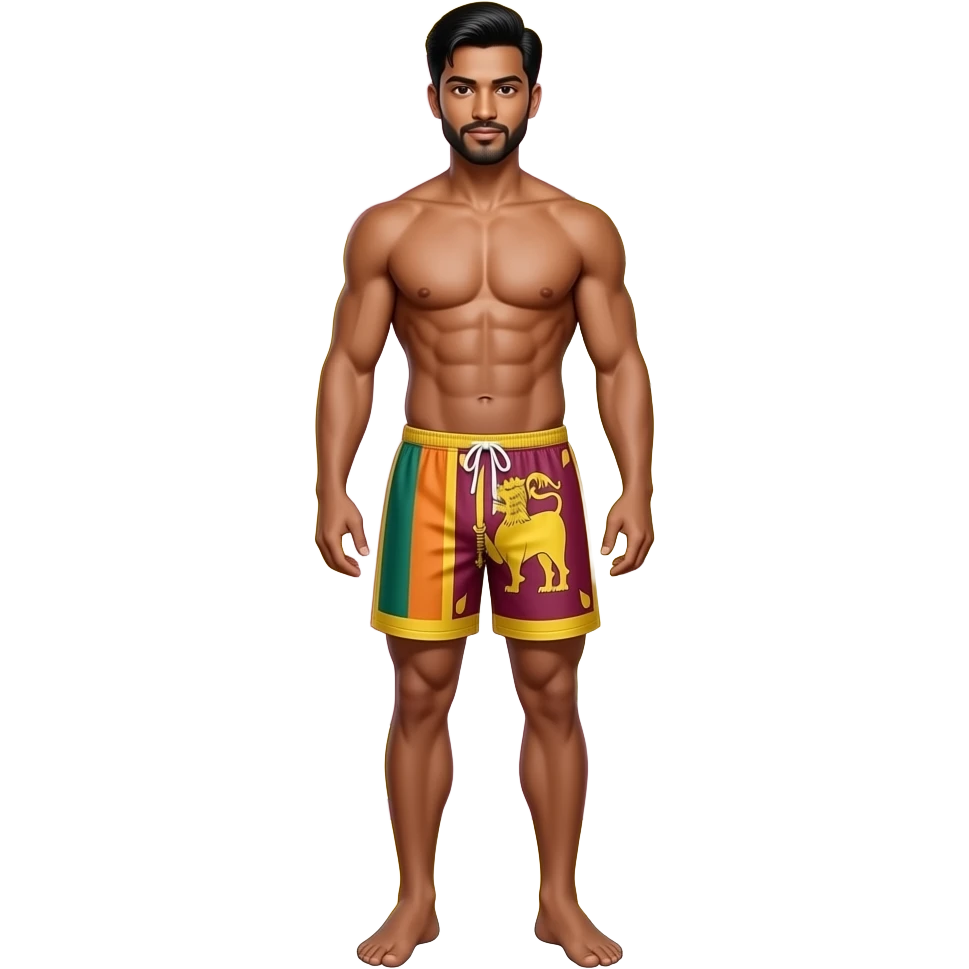full body sri lankan young male standing with muscular build in thong with sri lanka flag theme emoji