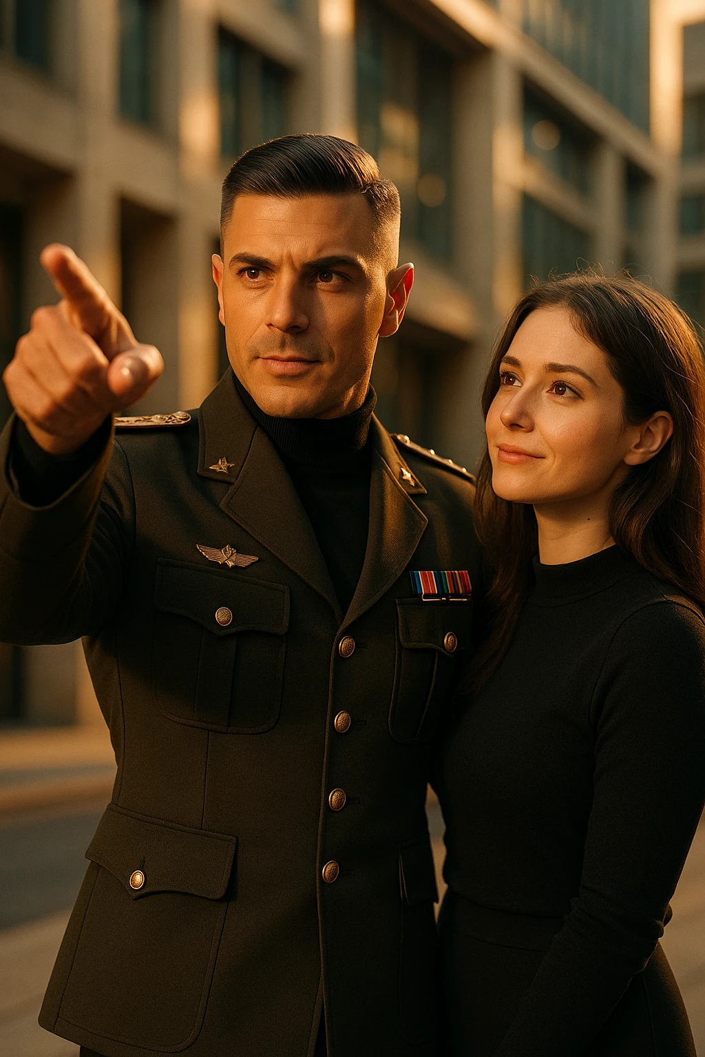 A confident man standing in front of a woman, gently pointing forward with a clear direction, showing leadership and confidence, the man is dressed sharply like a commander, the woman looks at him with trust, warm sunlight, cinematic lighting, high-resolution, realistic details, elegant urban background, depth of field, 50mm lens look. emoji