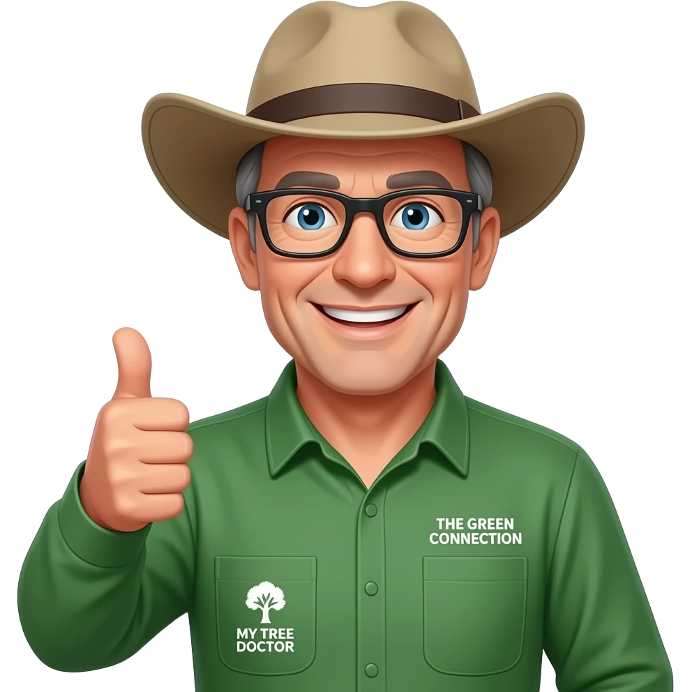 wide-smiling middle-aged man blue eyes. Dark narrow rectangle glasses, green-collared, long-sleeve shirt, thumbs up.  Wider-brim Australian Akubru hat.  Insert 'THE GREEN CONNECTION' in white directly onto the right side pocket & 'MY TREE DOCTOR' onto the left side pocket emoji