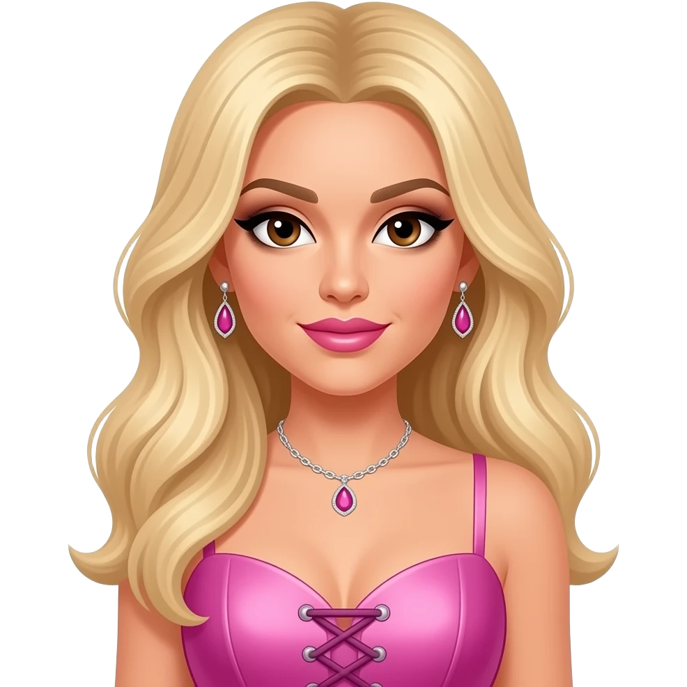 Ashley Roberts from The Pussycat Dolls with brown eyes, long blonde hair, black eyeshadow, pink lipstick, pink and purple off corset dress, necklace and earrings emoji