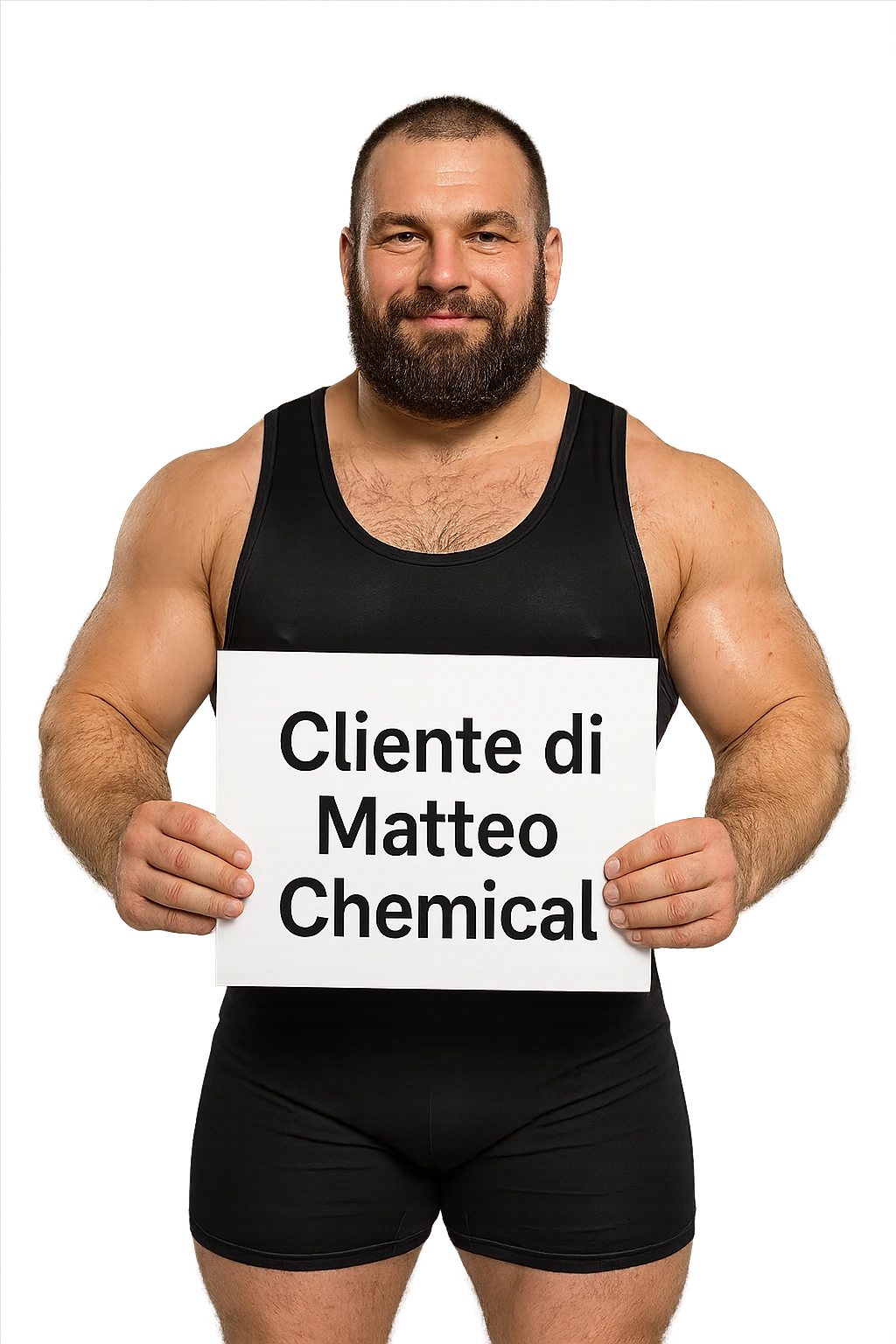 Powerlifter con in mano una targa o un foglio con scritto "Cliente di Matteo Chemical" emoji