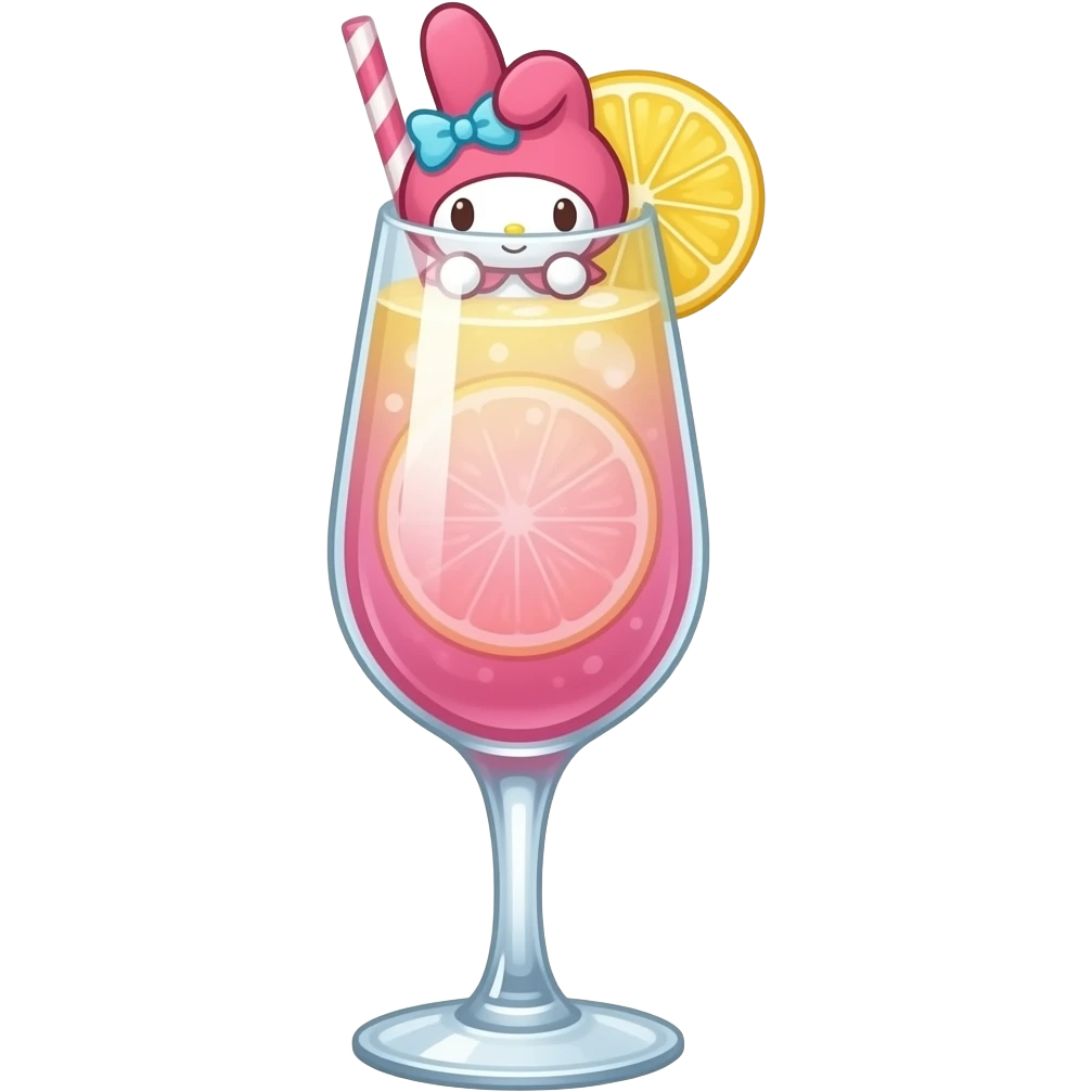 my melody the sanrio character themed pink and yellow colored cocktail in champagin glass with actual illustration of my melody as a garnish emoji