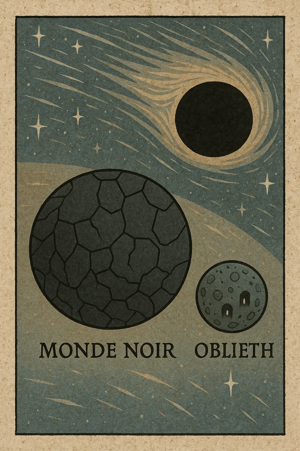 map of dark back ward -“A dark cosmic region orbiting a massive black hole. No sunlight. A dead solar system with twisted planets and moons circling in silence. Monde Noir looms in the foreground — a cracked, obsidian planet with no atmosphere. Its moon, Oblieth, floats nearby, scarred and pitted, with faint green lights glowing from within cave openings. Stars are distorted and streaked by gravitational lensing. The entire scene is heavy, quiet, and surreal.” emoji