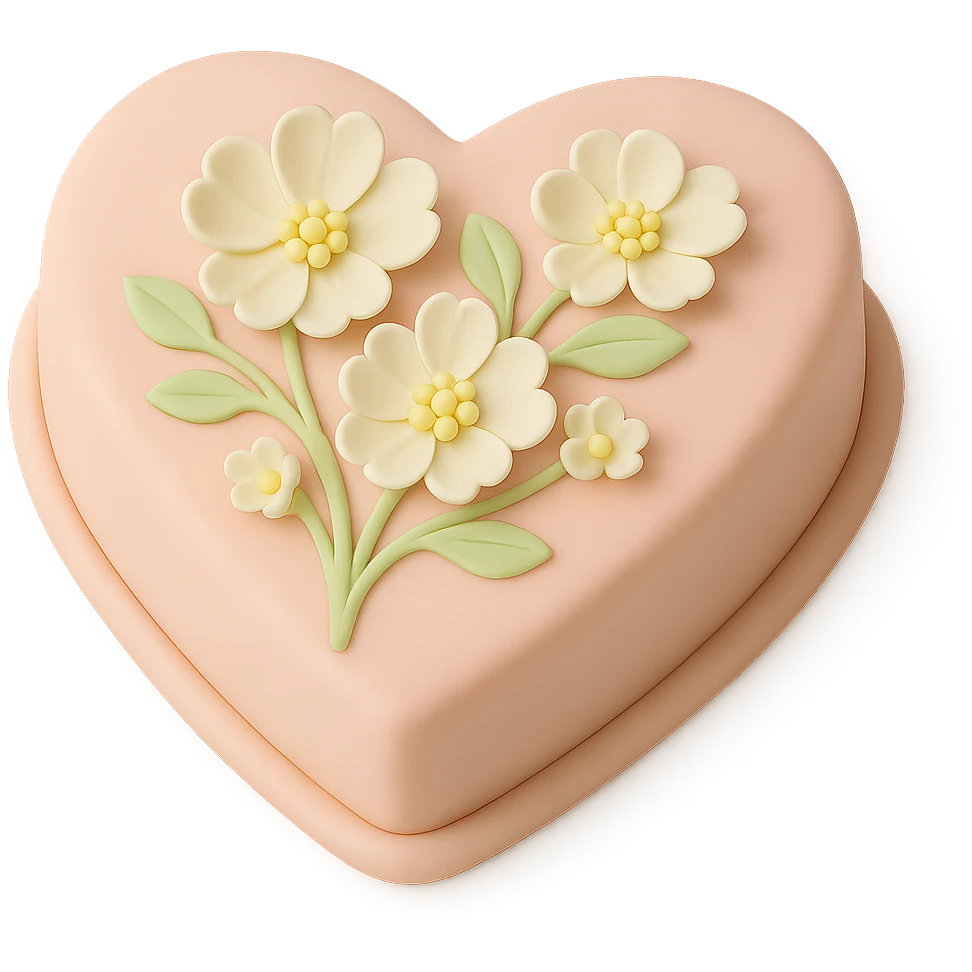 Remove the birthday candles, keep only the heart-shaped fondant cake with white flowers, fondant cake art style, transparent background. emoji
