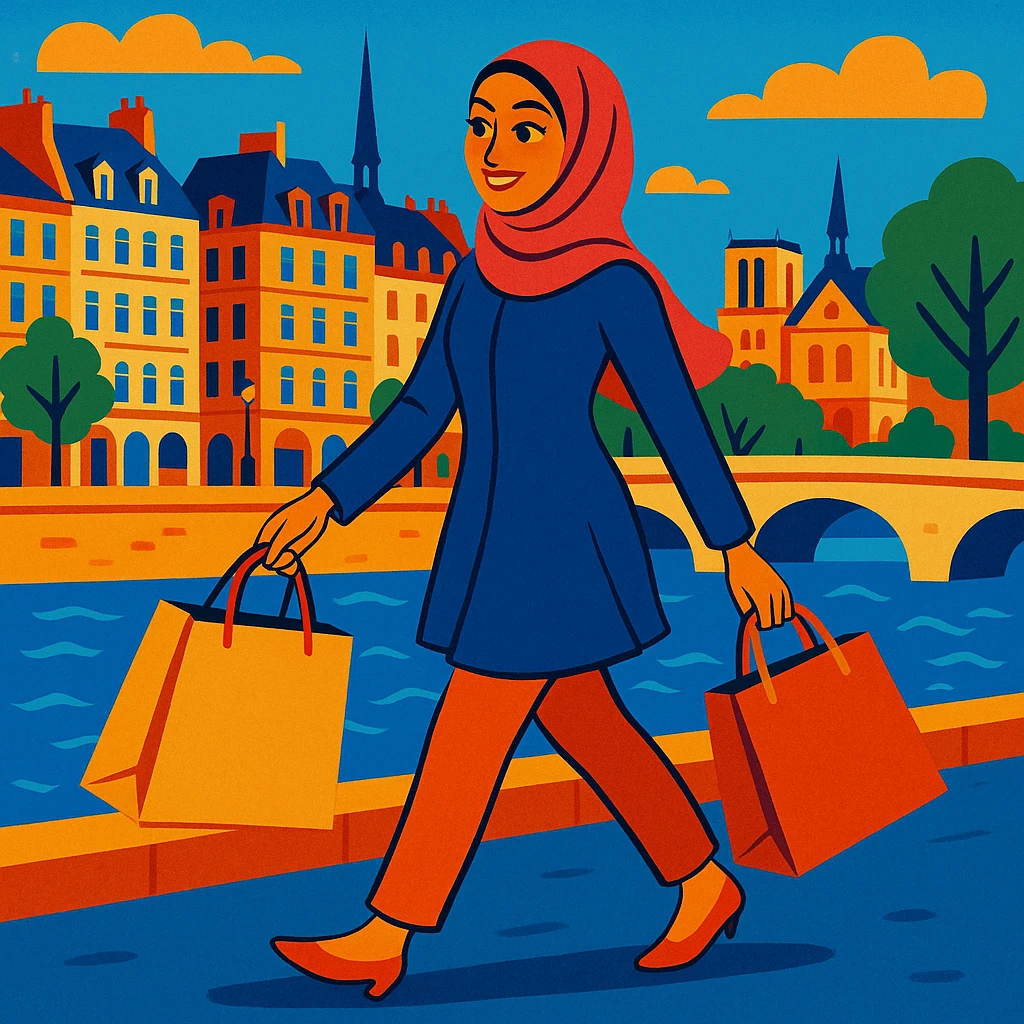 A hijabi woman walking along the Seine River in Paris, holding shopping bags, with Parisian architecture in the background, elegant and lively. emoji