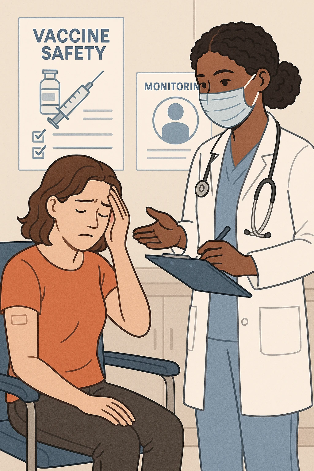 Vertical, educational medical illustration: a healthcare professional observes a patient who appears unwell after receiving a vaccine. The patient sits in a clinic chair, showing mild symptoms such as fatigue or headache, while the professional takes notes and offers reassurance. The background includes educational posters about vaccine safety and monitoring. emoji