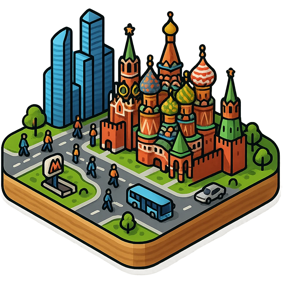 Изометричная миниатюрная фотореалистичная 3D модель Москвы на подставке - Кремль, собор Василия Блаженного, фотореалистичные Башни Москва-Сити, аккуратная детализация, четкие линии, яркие цвета, мультяшный реализм, гуляют люди и современный автотранспорт и метро, компактная композиция, вид сверху в изометрии, прозрачный фон emoji