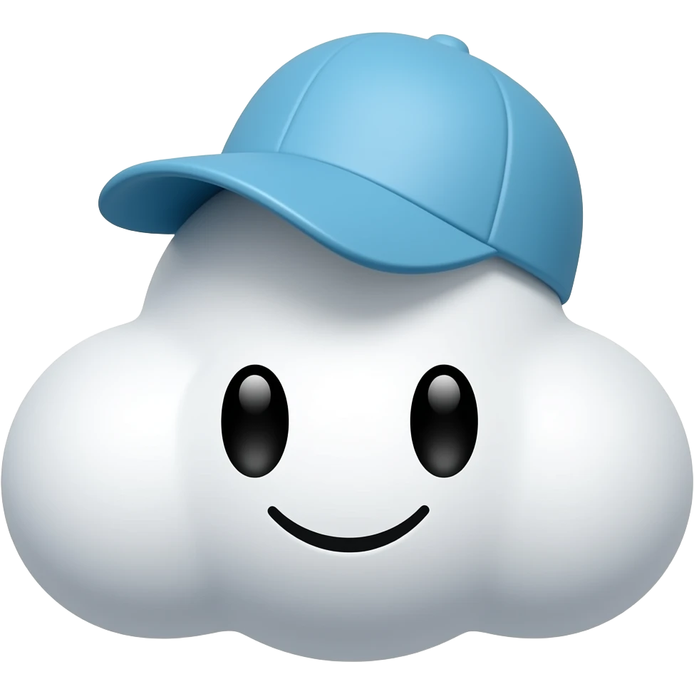 Cloud with a small light blue baseball cap on it with black eyes smiling emoji