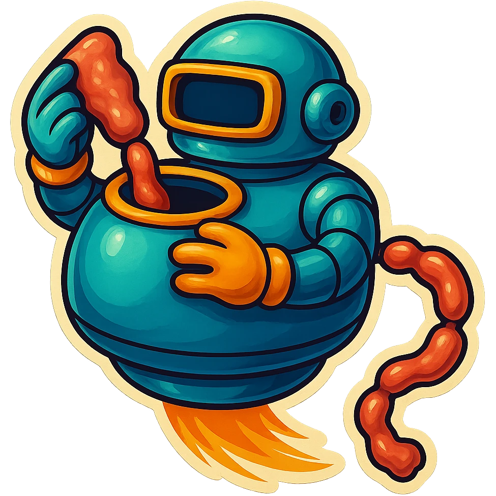 a robot that uses arms to put meat in large hole on top. sausage links come out robots rear. no legs on robot. robot hovers. robot feeds itself meat emoji