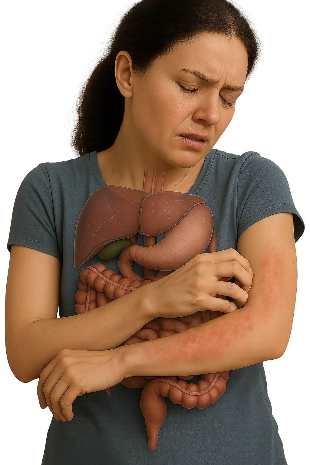 donna con intestino umano anatomico realistico che si gratta il braccio su cui ha un'eritema, iperrealistica 4k emoji