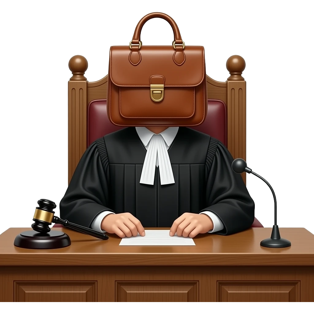 "Surreal courtroom scene, a judge wearing a handbag as a face, black judicial robe, sitting behind a wooden bench with a gavel. Cinematic lighting, detailed, slightly humorous and mysterious." emoji