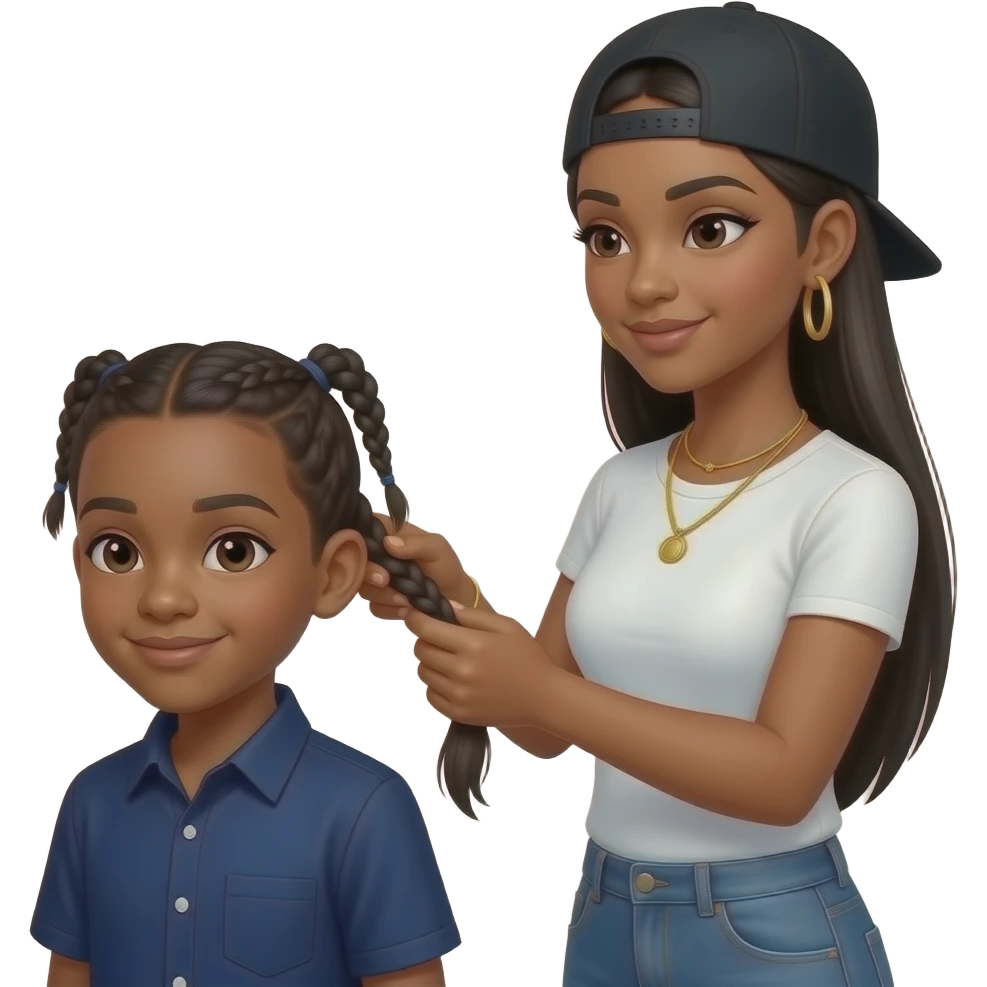 African American boy with two cornrow style braids wearing a navy blue button up shirt getting hair braided by African American woman with long straight black hair wearing a fitted white t shirt wearing a black adjustable cap backwards on head wearing hoop earrings wearing gold tennis necklaces emoji