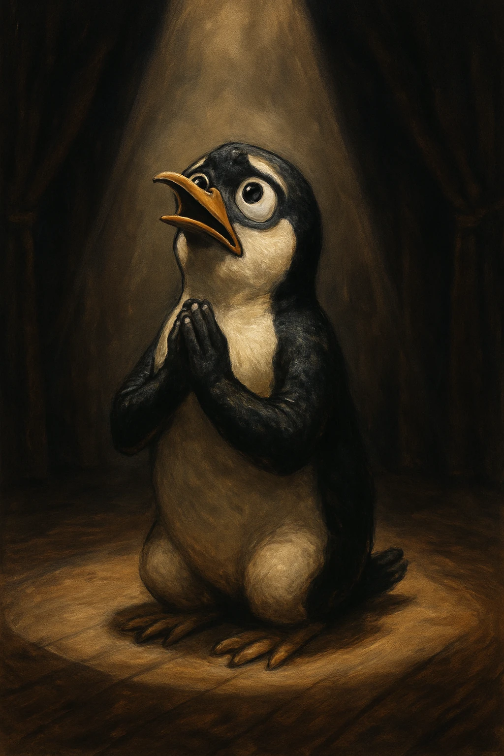 a dramatic penguin on its knees, flippers clasped together, eyes wide, begging and praying, spotlight effect, expressive emotion, theatrical style, stage-like background emoji
