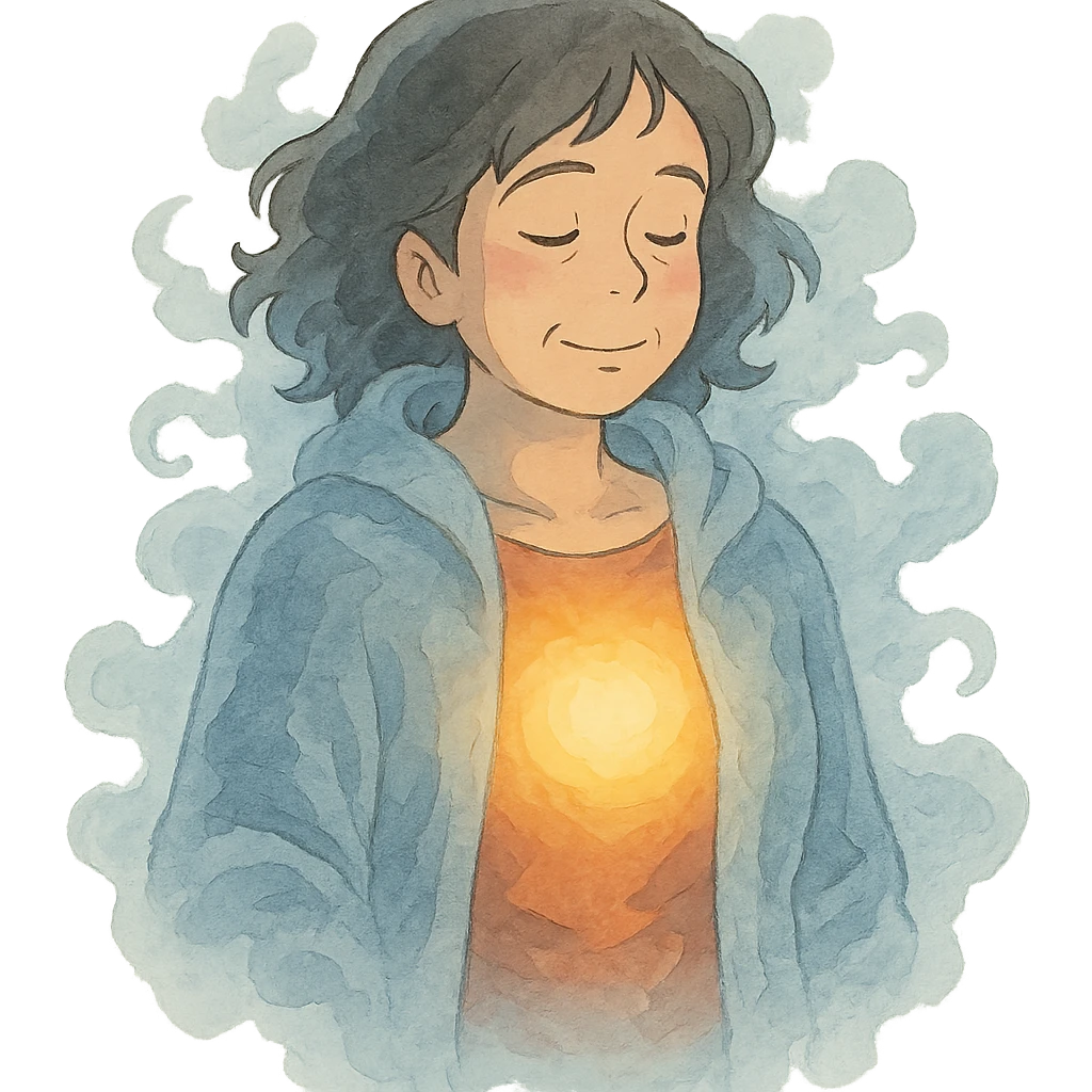 ghibli style: a woman with a gentle, warm light radiating from her chest, while her outer body is wrapped in a cool mist, representing menopause hot inside cold outside emoji