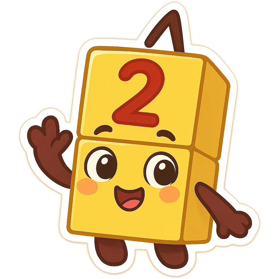 Numberblock 2, animated block character, two cubes, number 2, happy face, vibrant and educational style, cartoon style emoji
