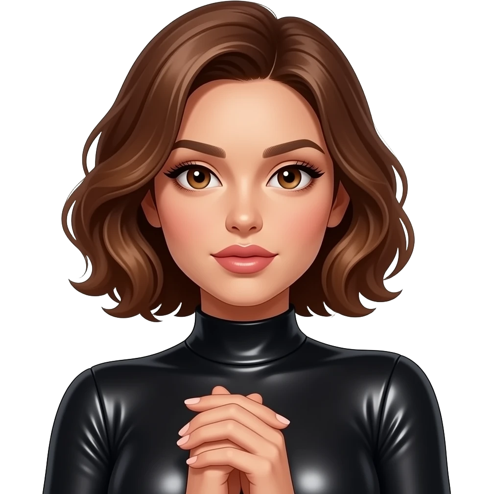 glamours,-tanned,-very-beautiful-woman-with-big-plump-rose-beige-lips,-long-lashes,-honey-silky-very short- hair,-wavy-hair,-hazel-eyes-wearing-black-long-sleeved-shiny-latex-dress-She-Looks-sexy-hands-together at front emoji