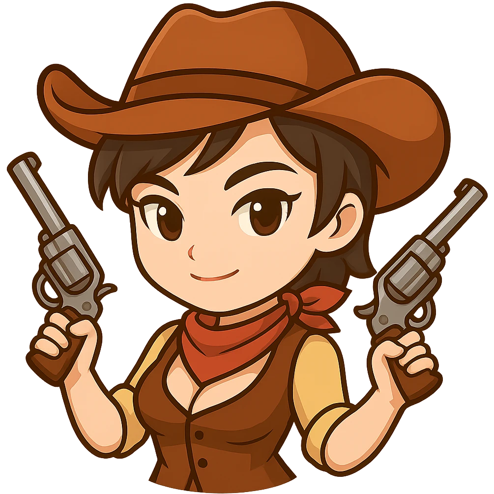 Edit this chibi cowgirl to cover her chest with a buttoned-up shirt or vest, keeping the cowboy hat, short hair, western outfit, and two guns. Maintain the chibi/anime style and confident pose. Transparent background, sized for Twitch or Discord use. emoji