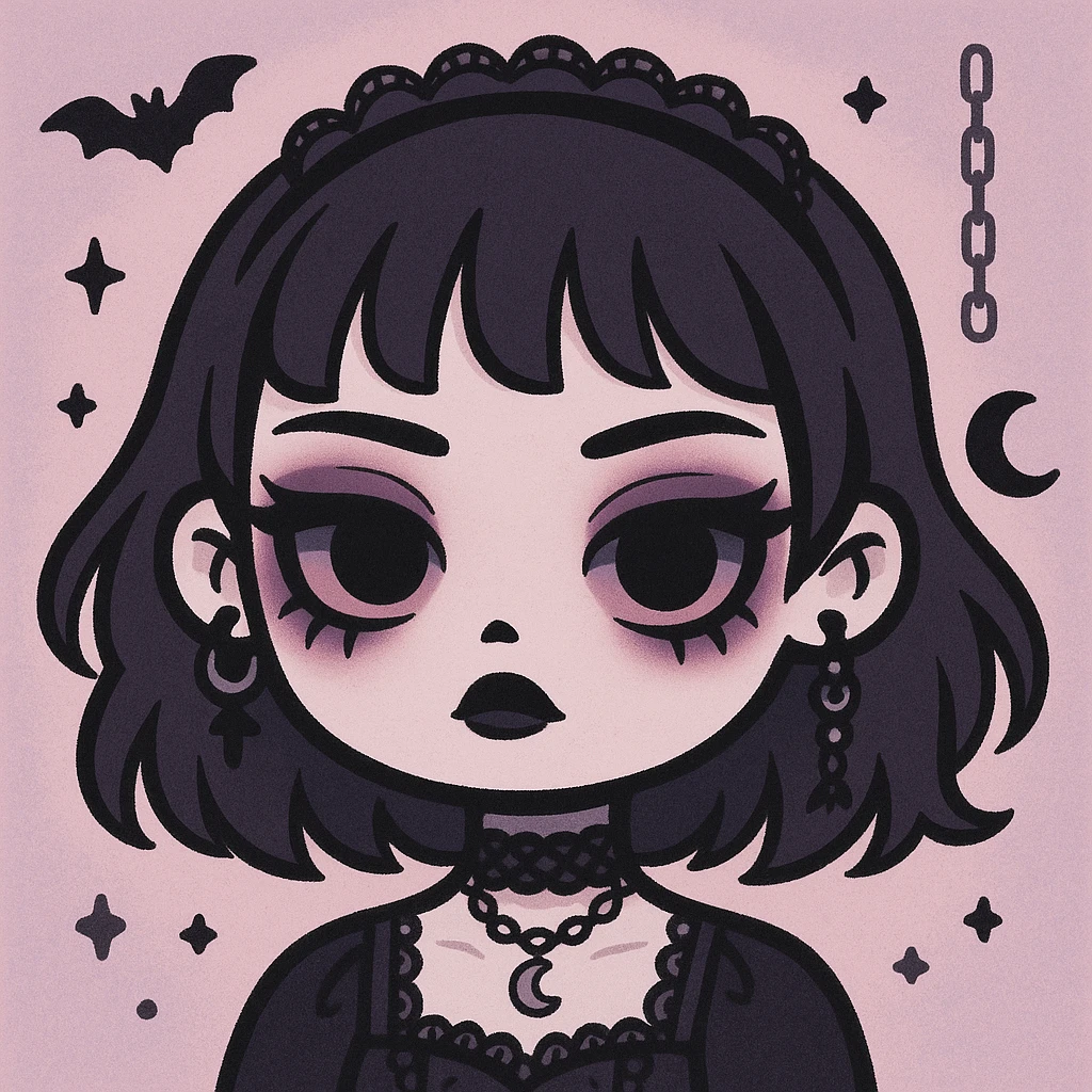 Make this pastel goth profile picture even more goth, keep it cute, expressive, and minimal, in the style of imagen-4-fast-KaUtLiSA10F. Enhance the goth elements while maintaining the pastel goth aesthetic, cute and expressive minimal style. emoji