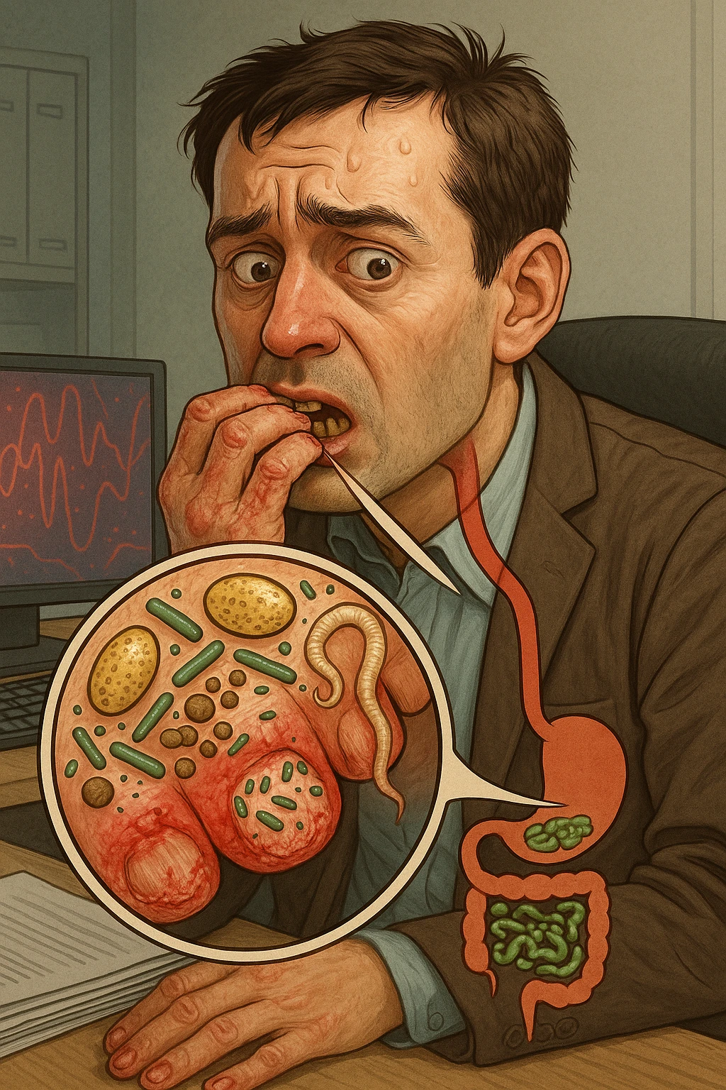 Anxious man at office desk unconsciously biting fingernails, microscopic overlay showing parasitic eggs and bacteria concentrated under nail beds, worms and microorganisms being consumed with each bite, expression of nervous habit unaware of contamination, computer screen reflecting his stress while he infects himself, fingertips raw and bleeding from chronic nail-biting, invisible parasite colonies entering his digestive system emoji