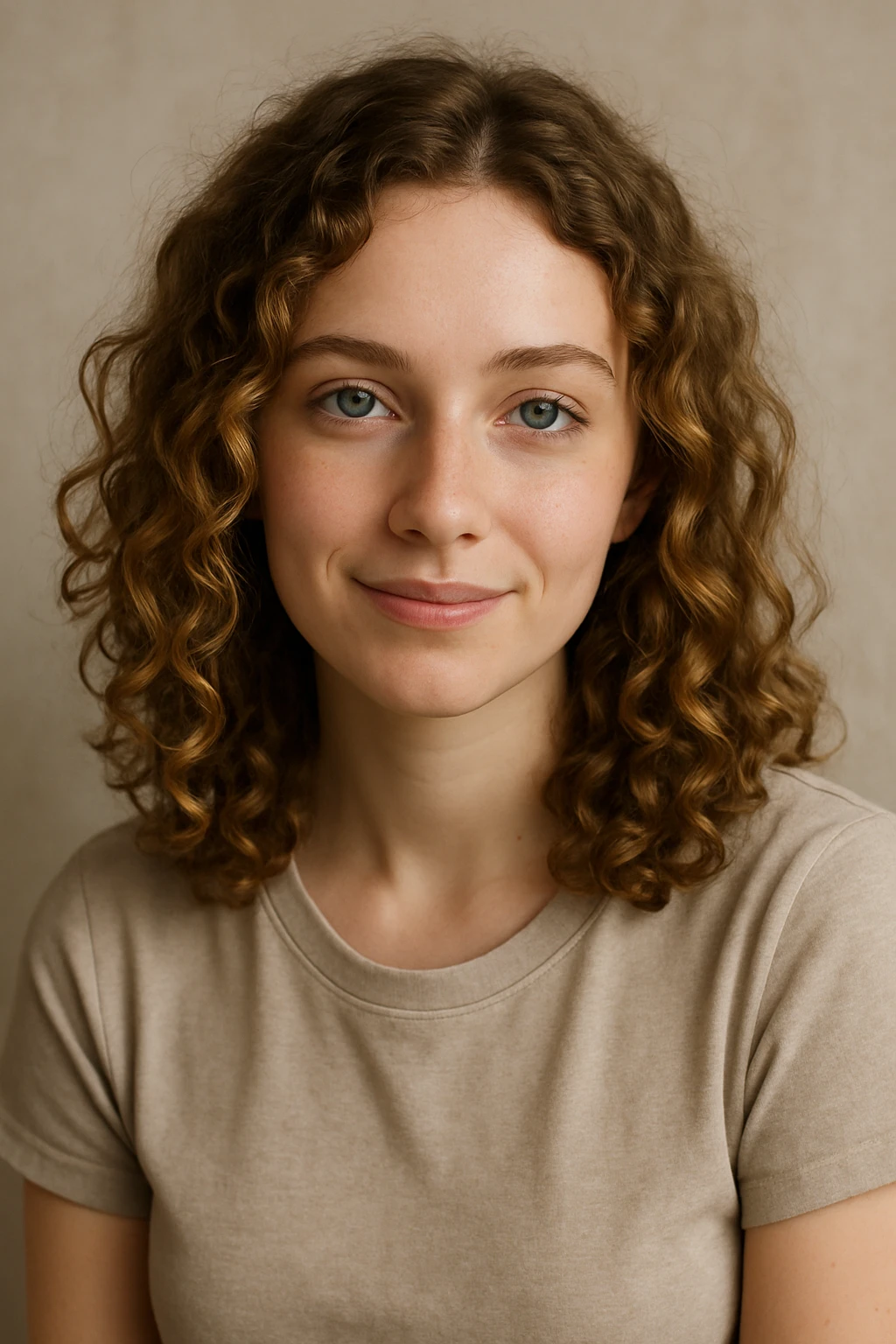 white girl, dark blonde curly hair, blue-green eyes, shoulder length, gentle smile, upper body emoji