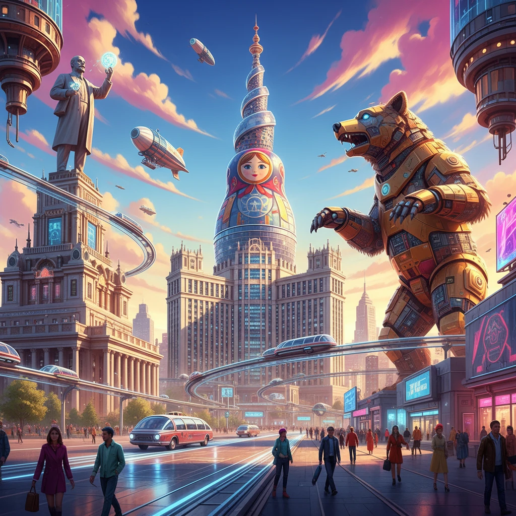 Москва в стиле Atomic Heart в светлых ярких цветах и тонах. Должны быть 2-3 яркие детали, которые выглядят крайне необычно и футуристично, альтернативный ретро киберпанк. Ими могут быть небоскреб-матрешка, огромная фигура медведя и что-то еще. например, Дворец Советов с Лениным. emoji