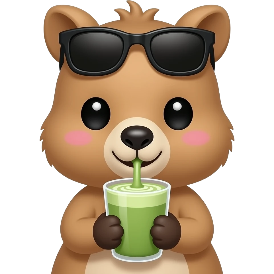 Cute quokka drinking a matcha latte with her little to hands. Show only the upper bodies of quokka, without legs. On her head, there are black sunglasses. Make sure that sunglasses are not on her eyes but on her hair. Her eyes are big and cute. She has a pink cheek. emoji