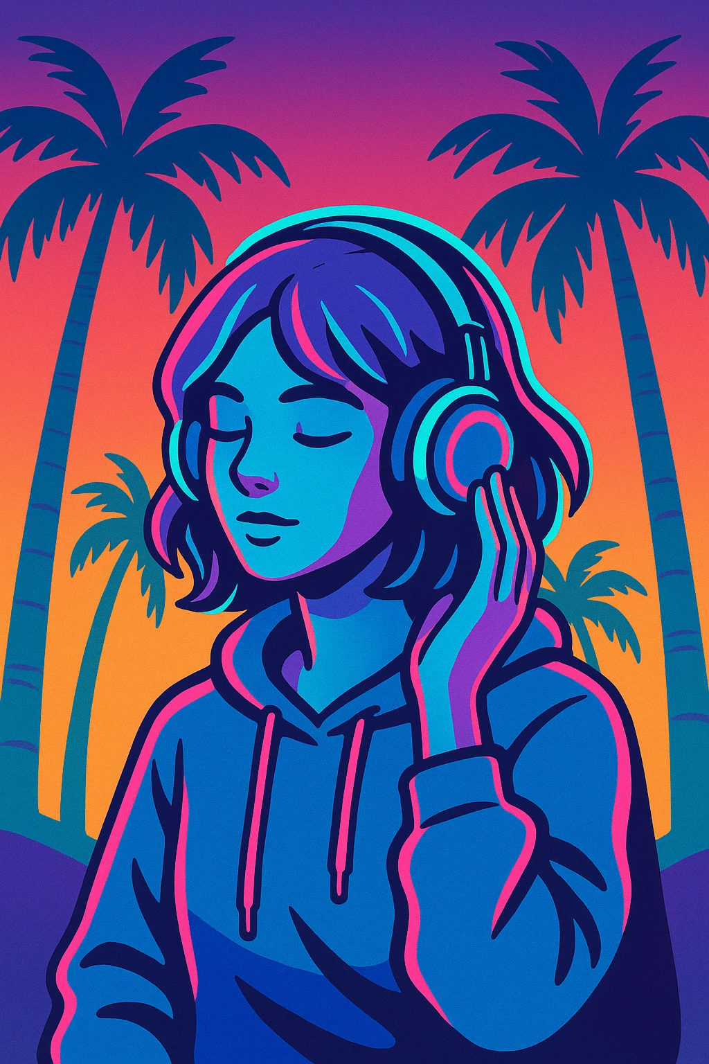 vaporwave chill girl, neon accents, palm trees, sunset gradient, headphones, relaxed vibe emoji