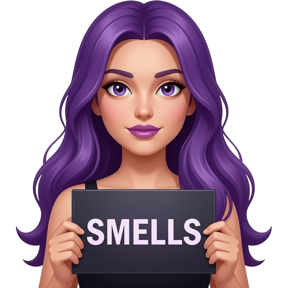 sexy girl with long purple hair holding a SMELLS like DARK ROMANCE sign emoji