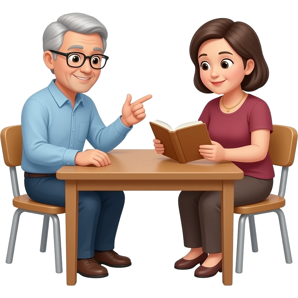 one adult teaching another adult to read sitting at a table with one book on the table emoji
