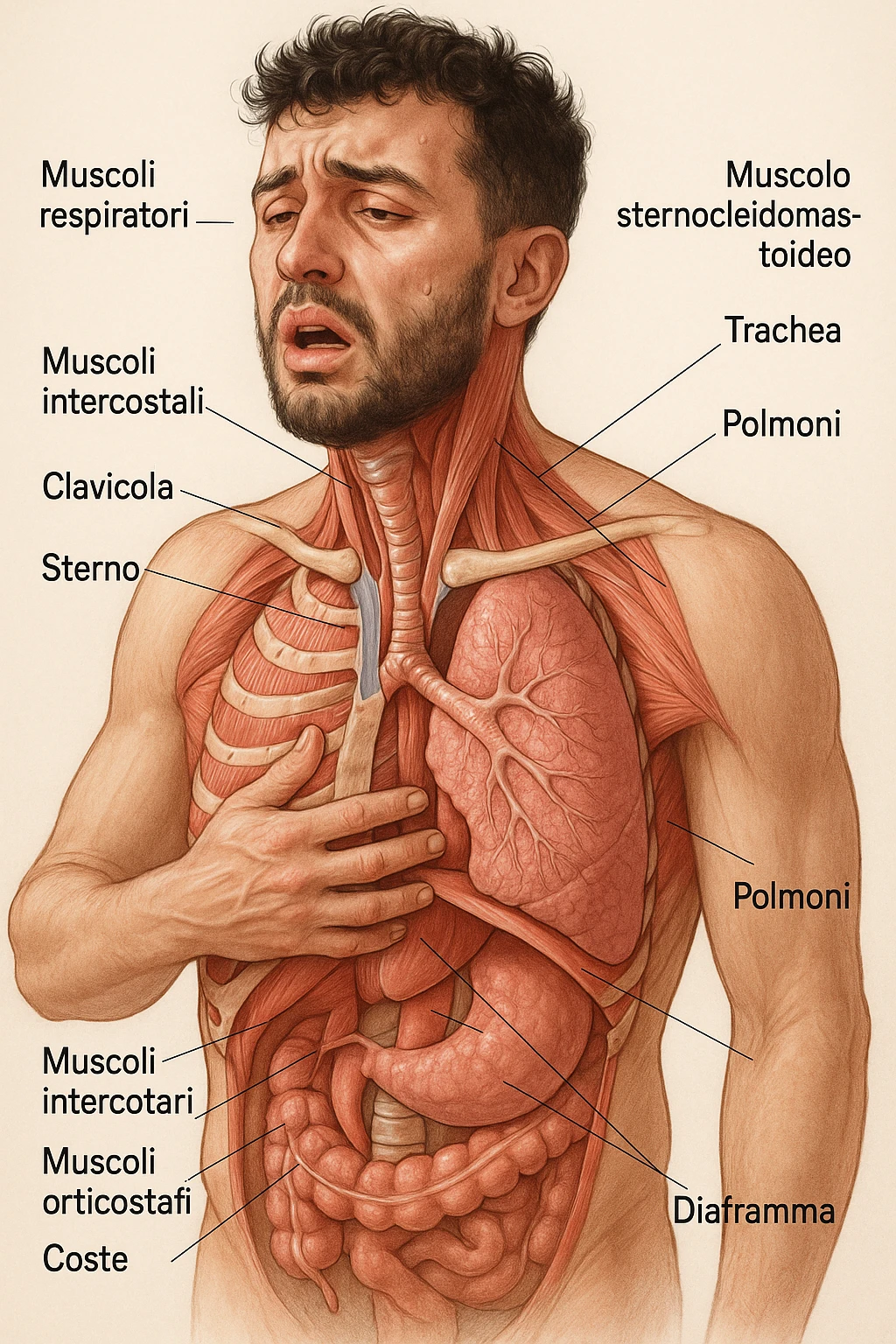 Uomo con stanchezza e respiro corto vista anatomica immagine realistica in 3D in italiano emoji