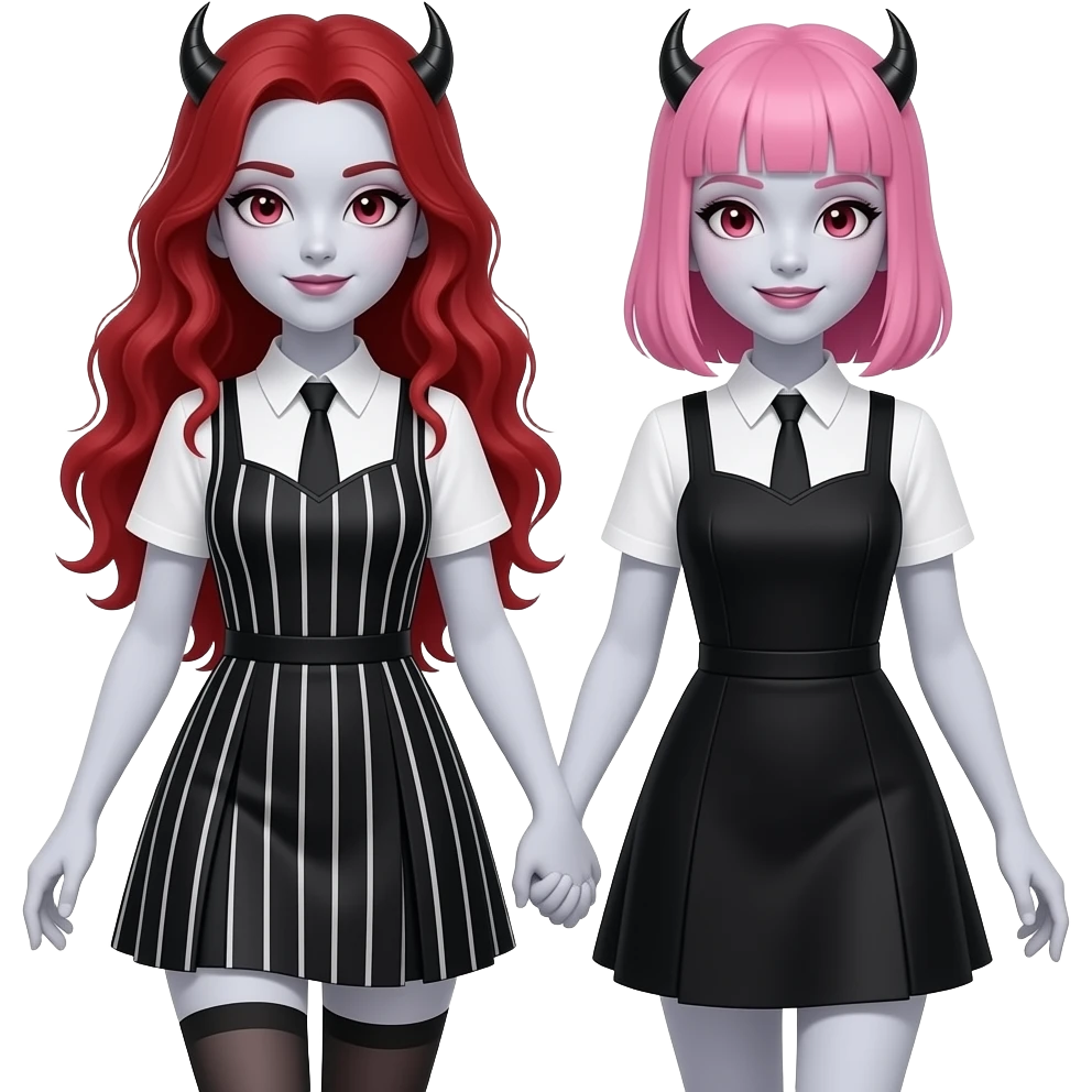 Vampiro femmina ADOLESCENTE con pelle bianca e capelli rosso ondulati lunghi che indossa un tubino a strisce NERE e BIANCHE ORIZZONTALI e il colletto con le maniche corte e bianche che cammina a braccetto con la sua amica VAMPIRO femmina con la pelle bianca e i capelli rosa e frangia emoji