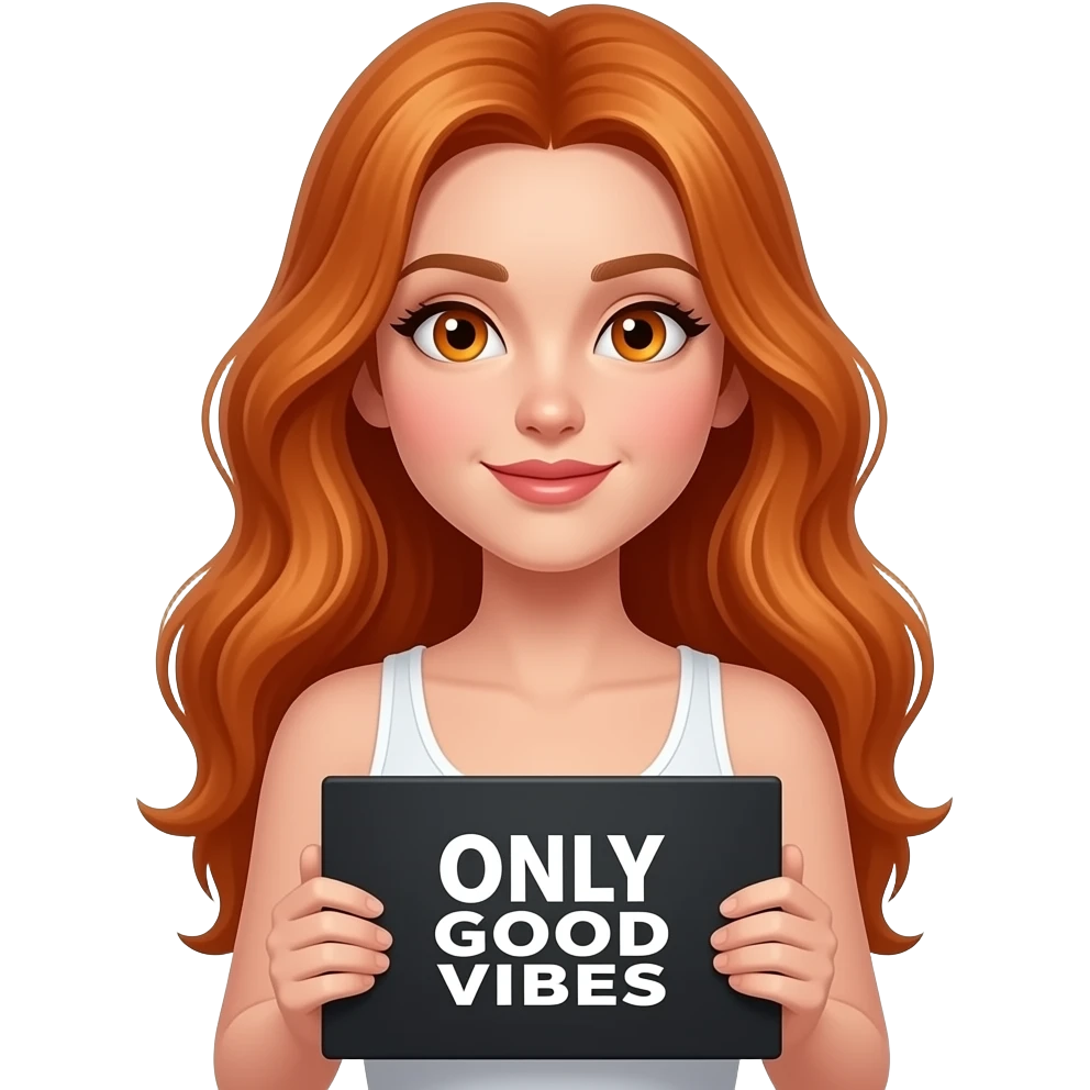 sexy girl with long ginger hair and ginger eyes wearing a white tanktop is holding a black sign with ONLY GOOD VIBES written on it emoji
