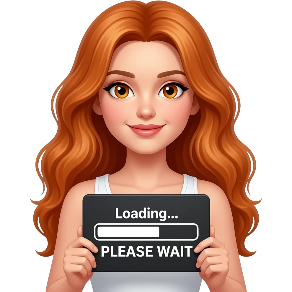 sexy girl with long wavy ginger hair and ginger eyes wearing a white tanktop is holding a black colored sign with Loading... PLEASE WAIT written on it emoji