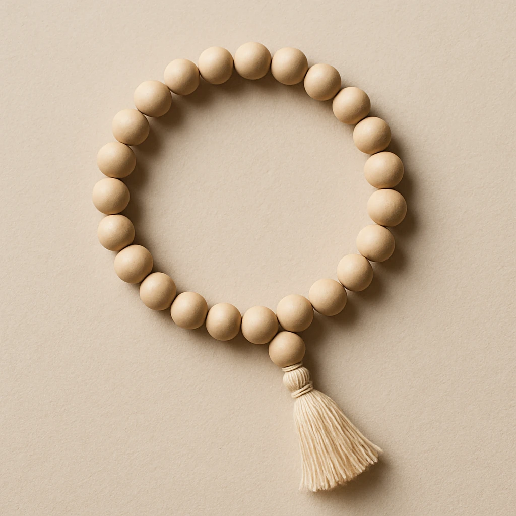 prayer beads, simple, spiritual, round beads with a tassel, neutral background emoji