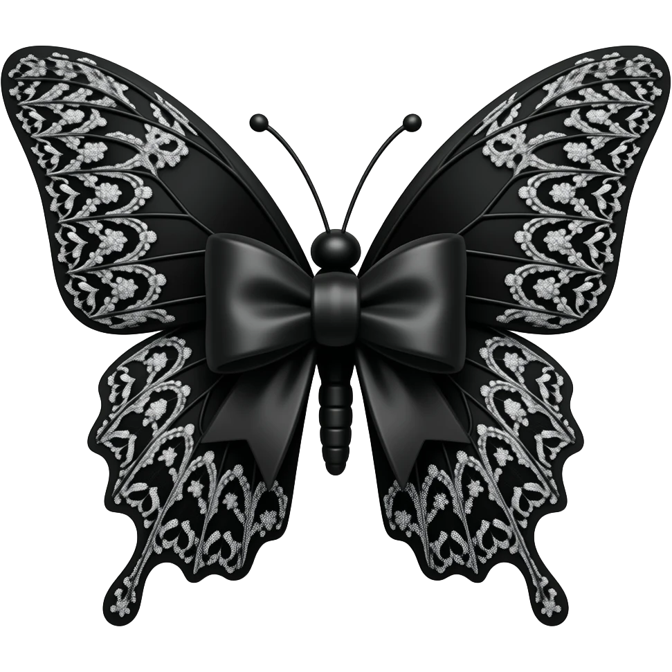 borboleta, laço gótico emoji 3D, veludo preto, filigrana prateada, acabamento em renda preta,Sparkling black butterfly emoji