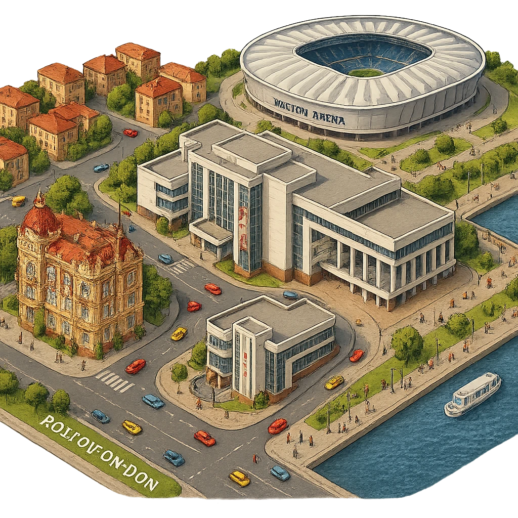 Изометричная чёткая миниатюрная фотореалистичная 3D модель панорамы Ростова-на-Дону — фотореалистичное Здание городской думы Ростова-на-Дону (Городской дом), Ростов-Арена, Ростовский театр драмы имени Горького, набережная Дона, люди, несколько типичных ростовских домов, автотранспорт. Вид сверху в изометрии, яркие цвета, мультяшная рисованная реалистичность, прозрачный фон, компактная композиция. emoji