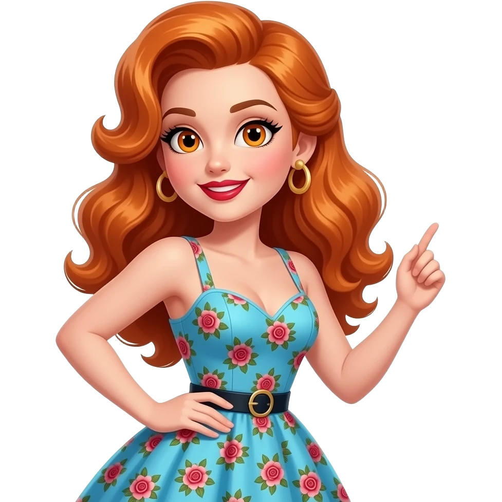 sexy girl with long curvy ginger hair and ginger eyes wearing a 50's rock'n'roll dress is dancing rock'n'roll emoji