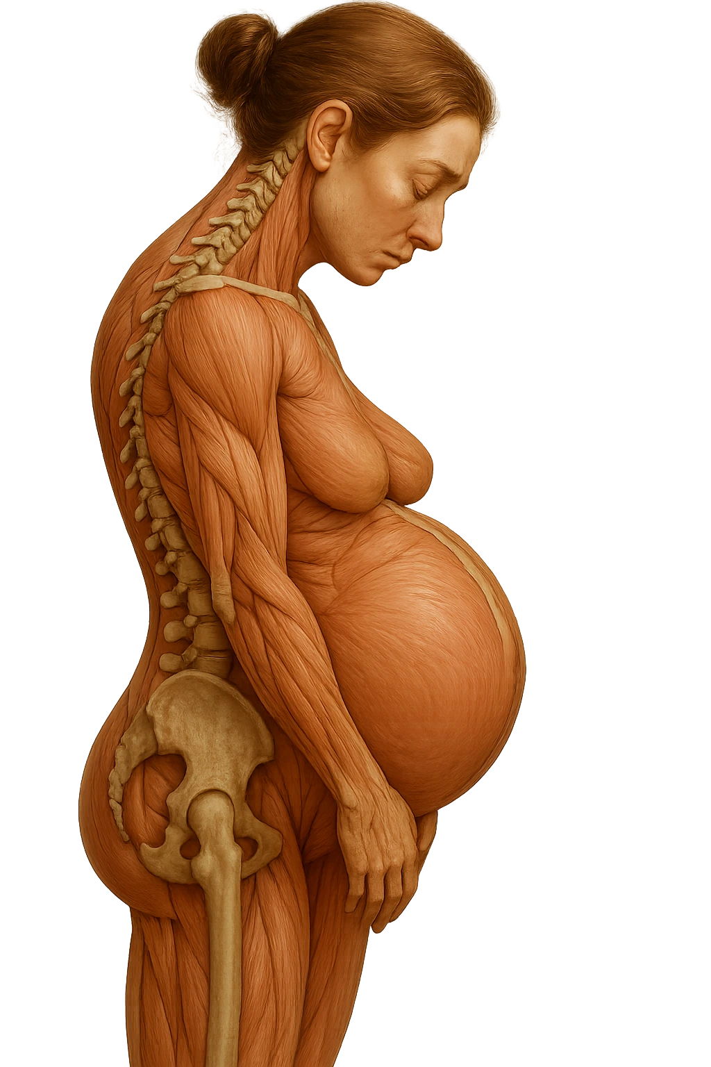 donna in gravidanza di profilo con spina dorsale in evidenza, postura storta, spalle chiuse in avanti, iperrealistica 4k emoji