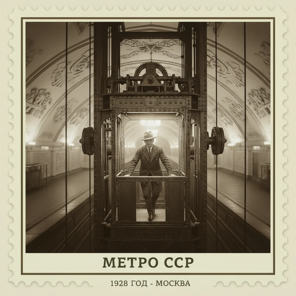 Человек в шляпе спускается в огромном лифте в метро. СССР 1920 годы

Стилизуй изображение под марку как на фото emoji