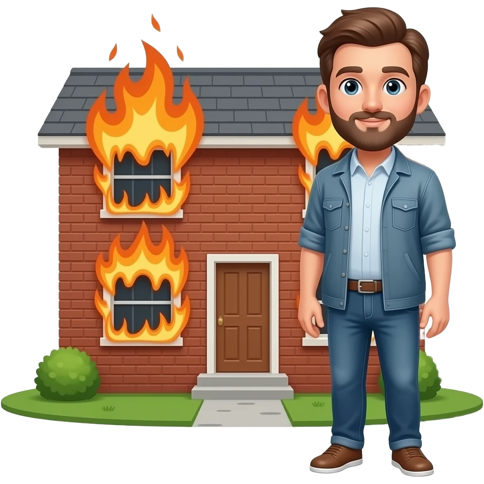 homeowner standing outside home on fire emoji