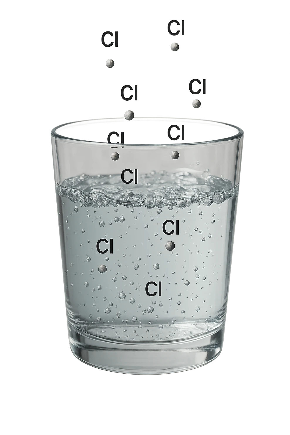 un bicchiere di acqua realistico e dettagliato fluttua in aria, dentro l'acqua del bicchiere ci sono particelle di cloro ben visibili con la scritta "Cl" sopra, ci sono particelle anche che escono dal bicchiere e fluttuano in aria verticalmente, mentre alcune sono all'interno dell'acqua nel bicchiere, iperrealistico 4k emoji