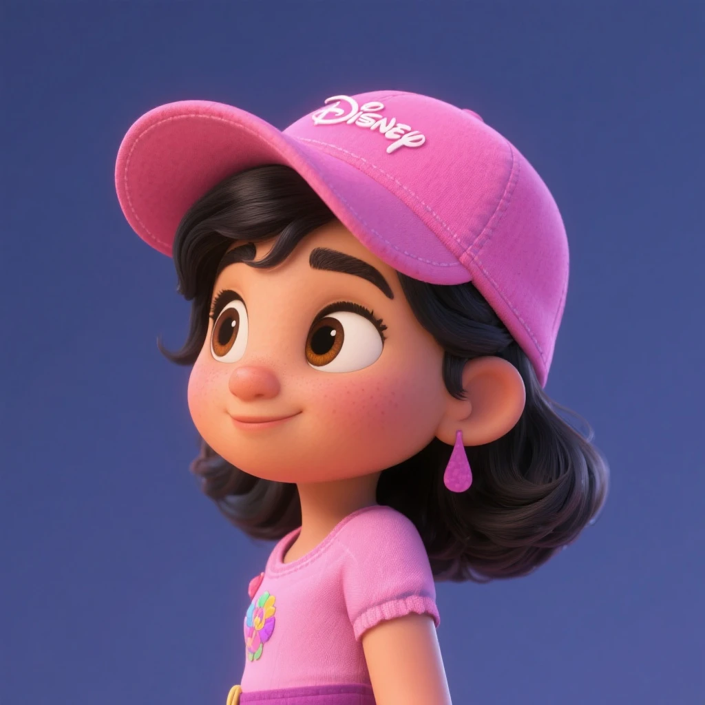 3D Disney style character of a girl with a pink hat, black hair, and a side glance, referencing the provided image emoji