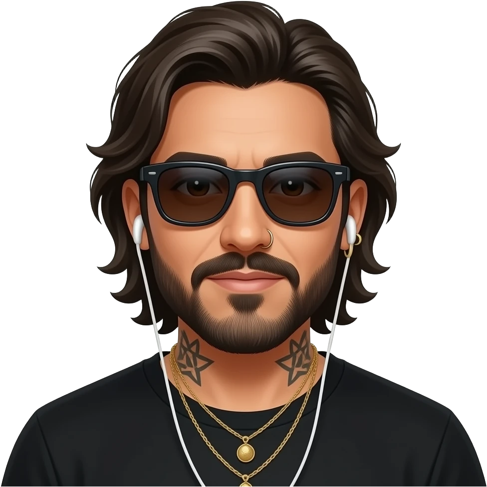 The handsome manly Latino podcast host with medium length hair, a long slightly graying beard and tattoos with his ears pierced 1 time each ear and a nose ring on the right side, dark brown eyes, wearing black, dark sunglasses, and jewelry, listening to music emoji