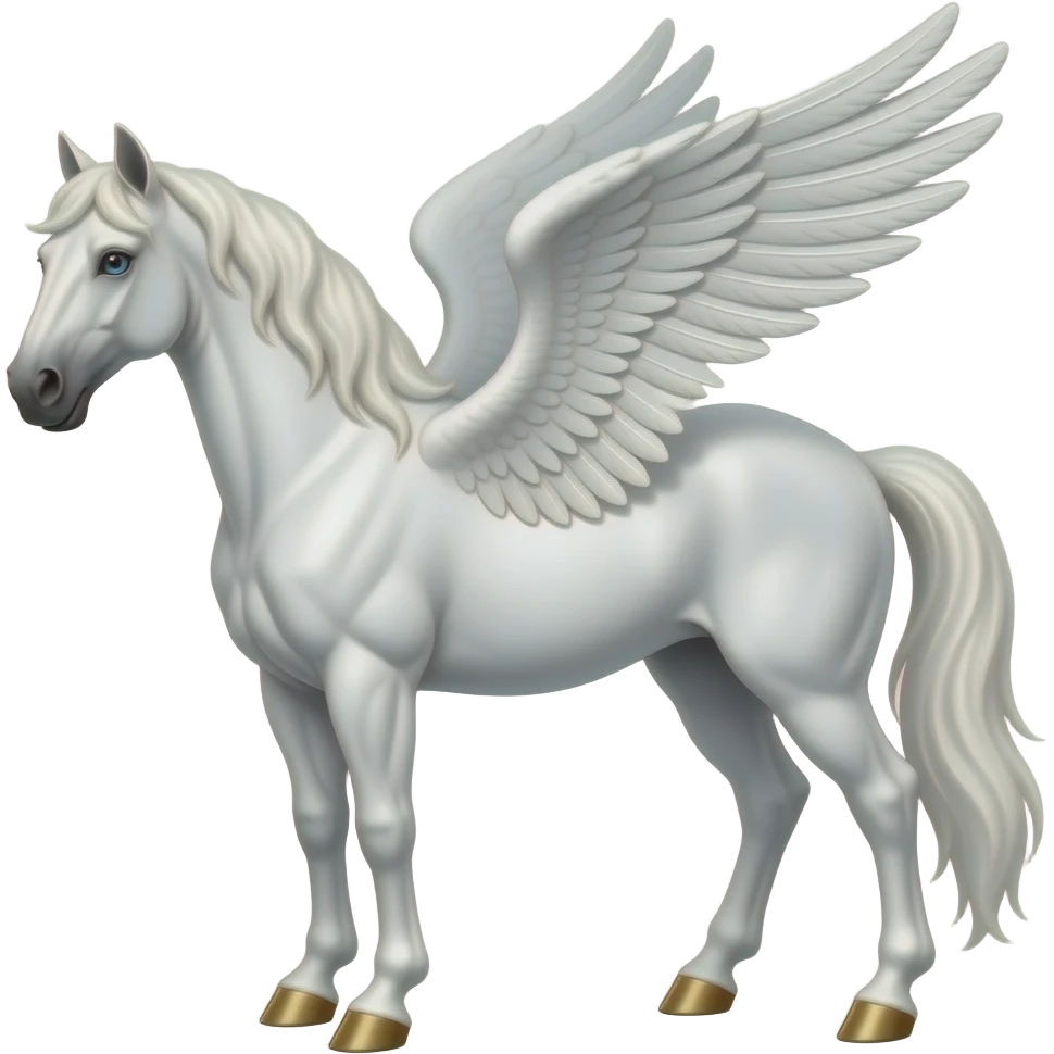 a white  muscle  stallion flying with wings, a very short mane and blue eyes, and gold hooves emoji