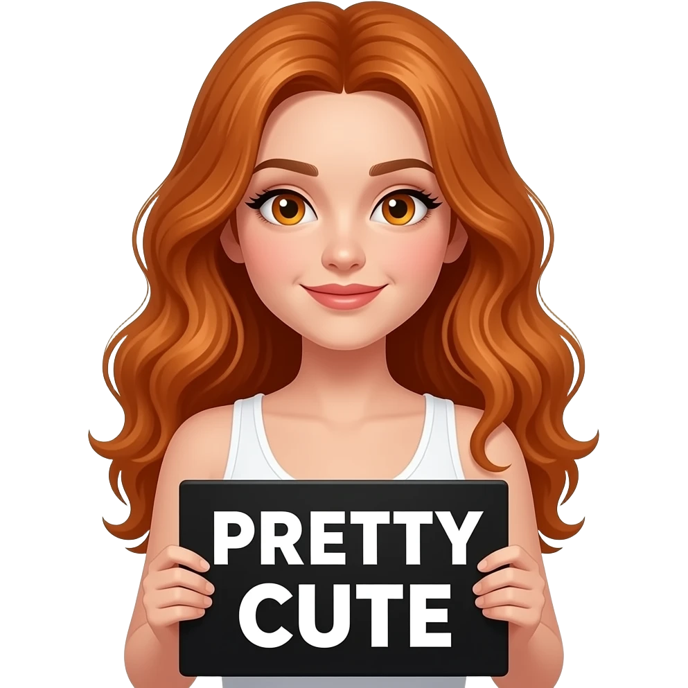 sexy girl with long wavy ginger hair and ginger eyes wearing a white tanktop is holding a black colored sign with PRETTY CUTE written on it emoji